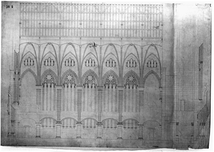 Reconstruction du temple protestant. Coupe longitudinale.