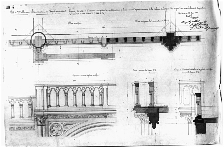 Reconstruction du temple protestant. Plans, coupes et élévation indiquant les modifications à faire pour l'agrandissement de la tribune de l'orgue au moyen d'un encorbellement supportant la balustrade de cette tribune.