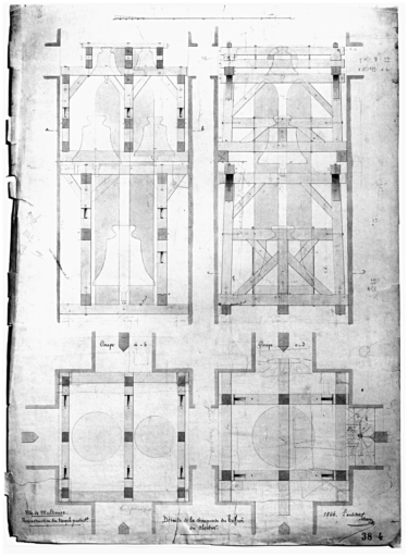 Reconstruction du temple protestant. Détail de la charpente du beffroi du clocher.