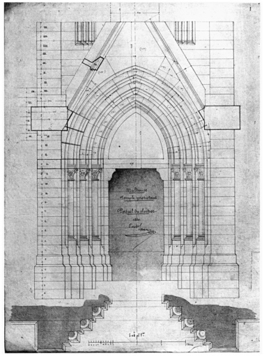 Reconstruction du temple : portail du clocher, plan et élévation.