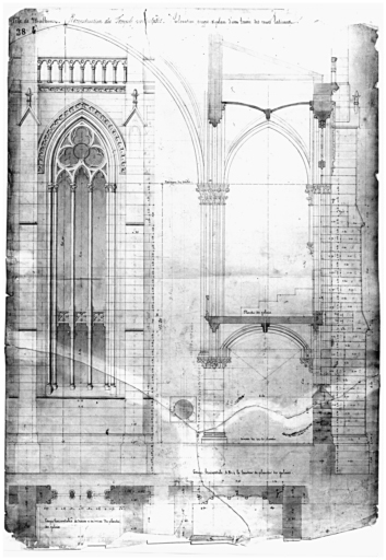 Reconstruction du temple protestant. Elévation, coupe et plan d'une travée des murs latéraux.