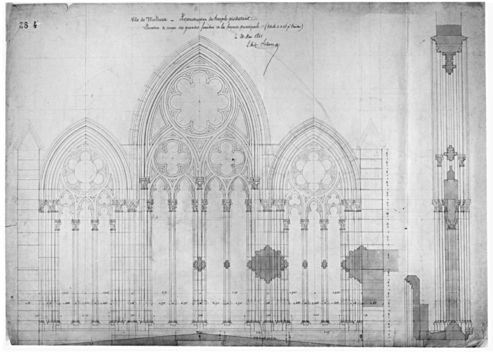 Reconstruction du temple protestant. Elévation et coupe des grandes fenêtres de la façade principale.