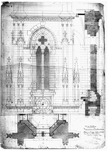 Reconstruction du temple protestant. Détails du troisième étage (beffroi) de la tour.