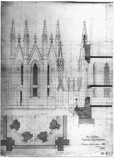 Reconstruction du temple protestant. Plateforme et flèche du clocher (plan, coupe, élévation).