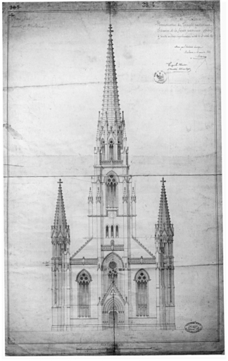 Reconstruction du temple protestant. Elévation de la façade postérieure (clocher).