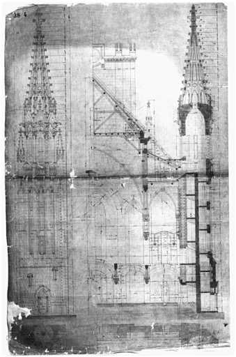 Plan, coupe, élévation d'une tourelle d'escalier et de la nef.