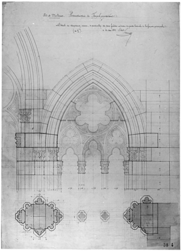 Reconstruction du temple protestant. Détail des chapiteaux, rosaces et archivoltes des deux fenêtres au-dessus des portes latérales de la façade principale (plan et élévation).