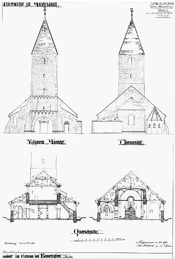 Elévations antérieure et postérieure, coupes transversales.