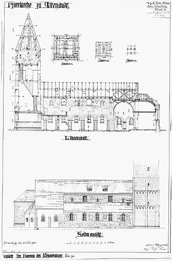 Coupes et élévation latérale partielle.