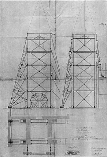 Elévations antérieure, latérale et plan de l'échaffaudage pour l'étaiement du clocher de l'église.