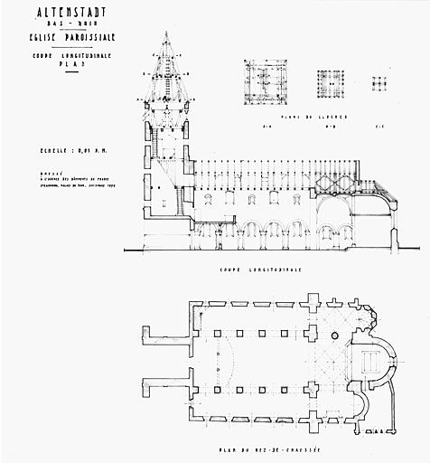 Coupes longitudinales et plans du clocher et du rez-de-chaussée.