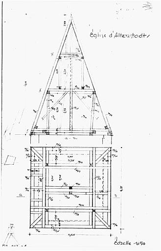 Coupe et plan de la toiture du clocher.