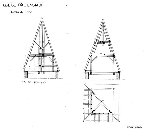 Coupes et plan de la toiture du clocher.