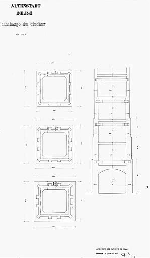 Coupes sur la tour et plans à trois niveaux du chaînage du clocher.