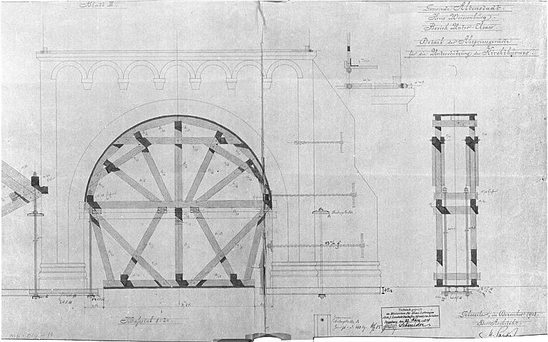 Elévation et coupe du cintre pour l'étaiement de l'arc du clocher.