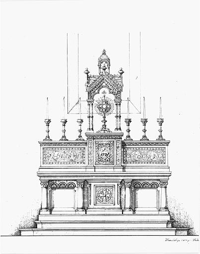 Dessin de l'élévation d'un projet pour l'autel principal de l'église.