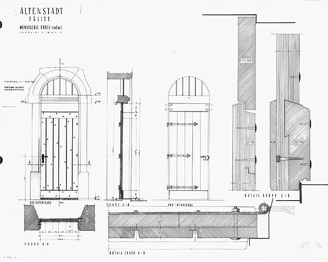 Vues extérieure et intérieure, coupes et détail de la menuiserie de la porte.