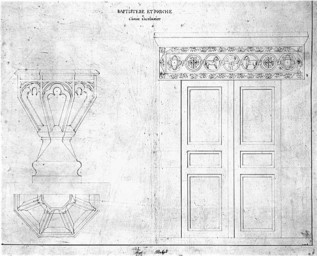 Coupe et plan des fonts baptismaux, élévation du portail.