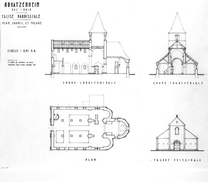 Coupe longitudinale, coupe transversale, plan, façade principale : élévation de la façade ouest.