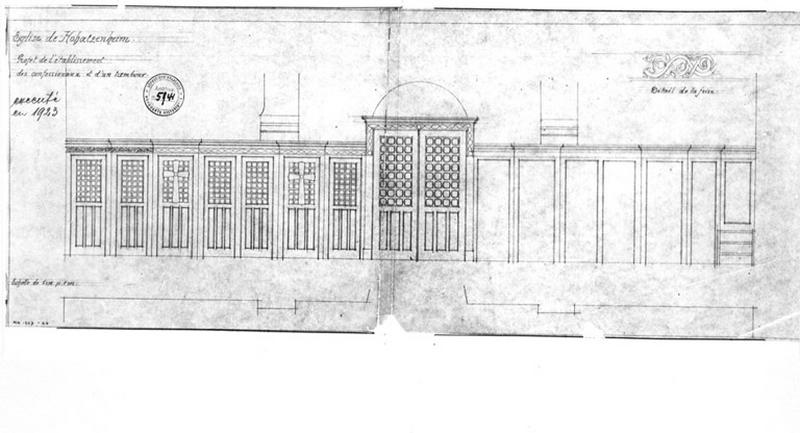 Projet de l'établissement des confessionnaux et d'un tambour : élévation, détail de la frise.