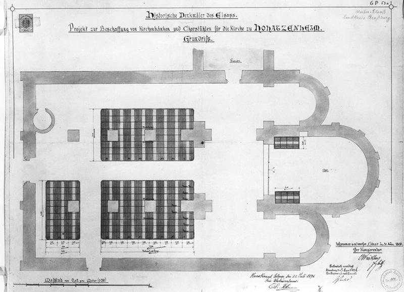 Plan de l'église avec situation des bancs d'église de la nef et du choeur (projet).