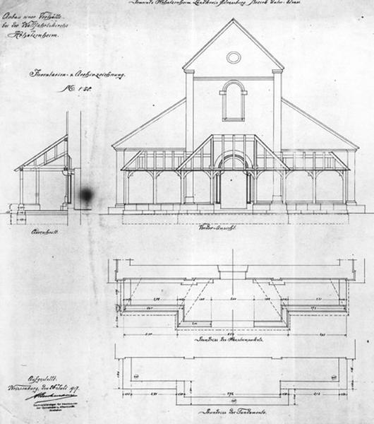 Projet de construction d'un porche : coupe transversale, élévation, plans du sous-bassement et des fondations.