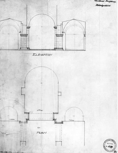 Elévation partielle de la façade occidentale, plan du choeur.