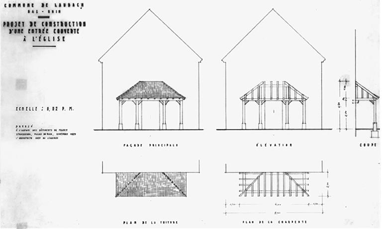 Projet de construction d'une entrée couverte à l'église : façade principale / élévation / coupe / plan de la toiture / plan de la charpente.