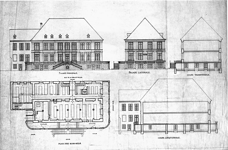 Façade principale, façade latérale, coupes transversale et longitudinale, plan des sous-sols.