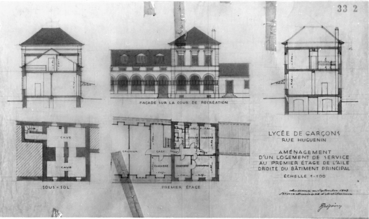 Aménagement d'un logement de service au premier étage de l'aile droite du bâtiment principal : plans, coupes et élévation.