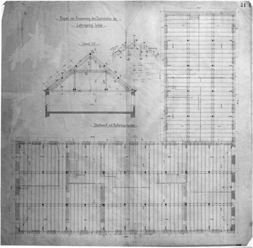 Plan et coupe : renouvellement de la charpente.