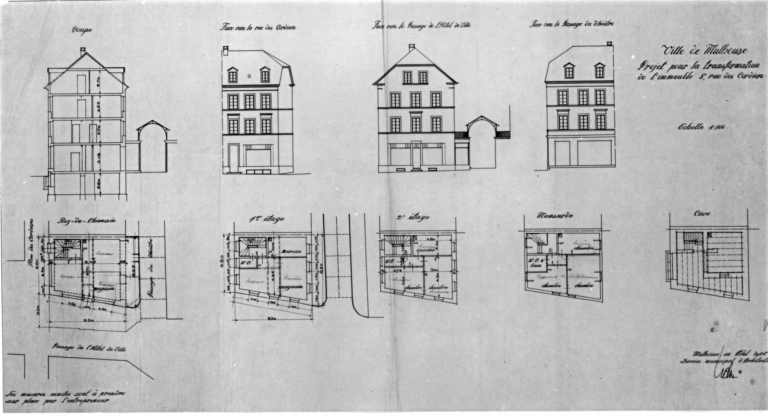 Plans, coupe et élévation de la maison 8 rue des cordiers, avec le passage du théâtre.