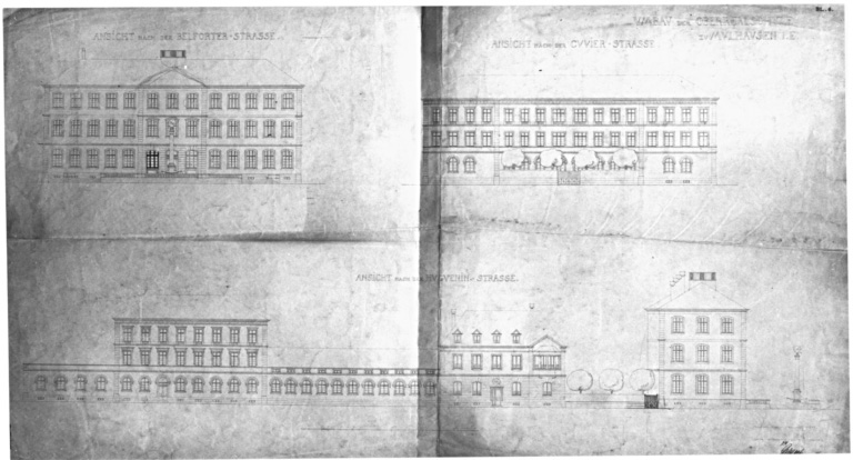 Elévations, la rue Cuvier et la rue Huguenin. Elévation de l'école de dessin sur le boulevard du Président Roosevelt. Projet de transformation.