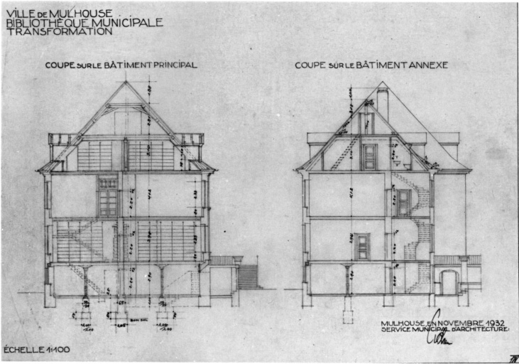 Coupes sur le bâtiment principal et sur le bâtiment annexe.