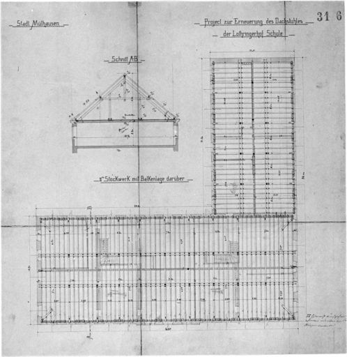 Renouvellement de la charpente : plan et coupe.