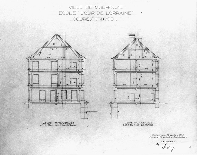 Coupes transversales : côté rue des Franciscains et côté rue de Lorraine.