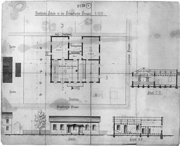 Plan, élévation, coupes longitudinale et transversale.