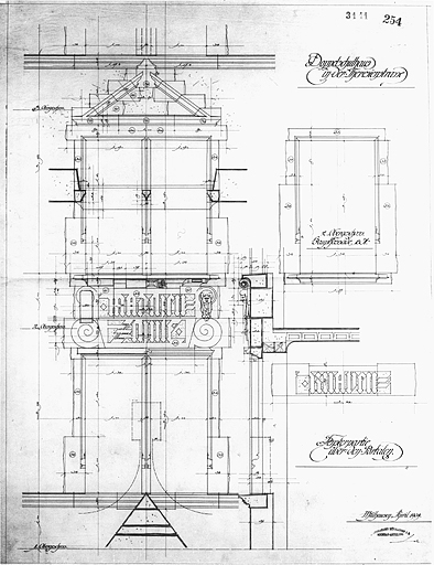 Elévation, détail d'une fenêtre au-dessus de la porte d'entrée.