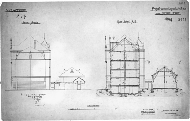 Coupe transversale AB. Elévation latérale (projet).