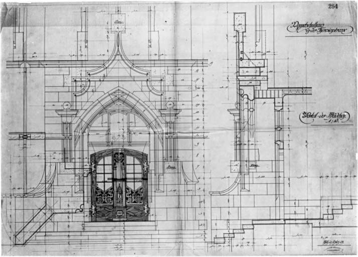 Elévation antérieure, détail de la porte de l'école des filles (projet).