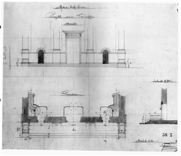 Projet pour un degré extérieur : élévation et plan (avec escaliers vers la tribune dessiné et deux nouvelles portes).