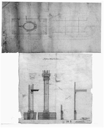 Pilastre avec chapiteau (décor de stuc). Panneau et baie (décor de stuc) : élévation.