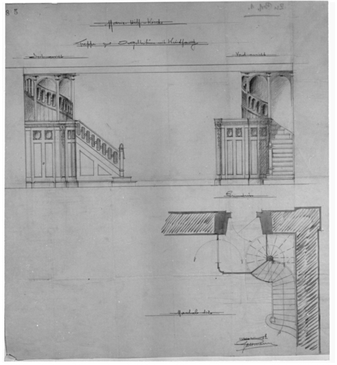 Escalier vers la tribune : deux élévations et plan.