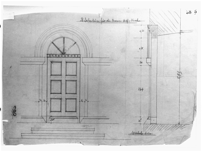 Porte latérale de la façade antérieure : coupe et élévation.