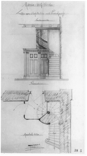 Escalier vers la tribune (deuxième projet) : élévation et plan.