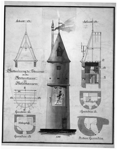 Tour du Bollwerk : plans, coupe et élévation.