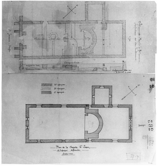 Plan de la chapelle à 3 époques différentes et plan avec relevé des fouilles