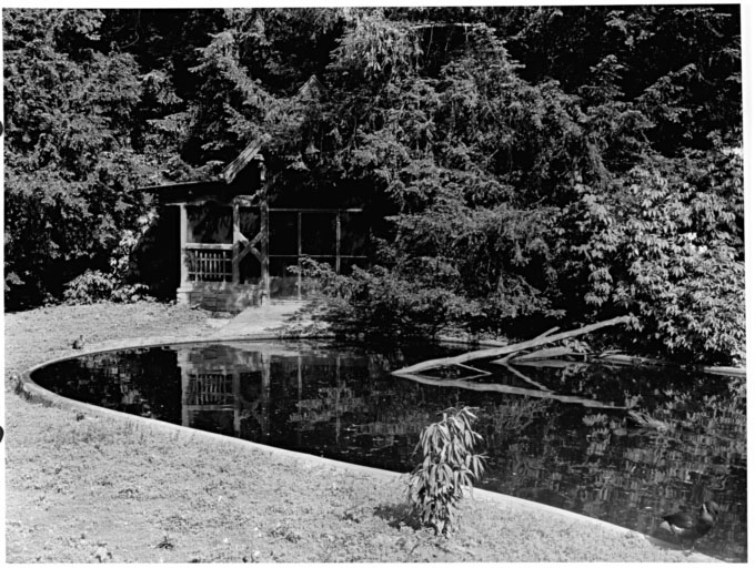 Mare des canards avec chalet (D) au fond.