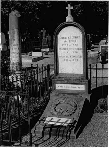 Cimetière protestant : tombeau de Louise Stoeber, de Charles Stoeber et de Auguste Stoeber (chemin g). Vue d'ensemble.