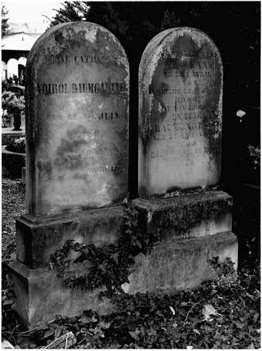 Cimetière protestant : tombeaux d'Anne Catherine Voirol-Baumgartner, de Jean-Charles Heilmann et Emilie Baumgartner (allée b).